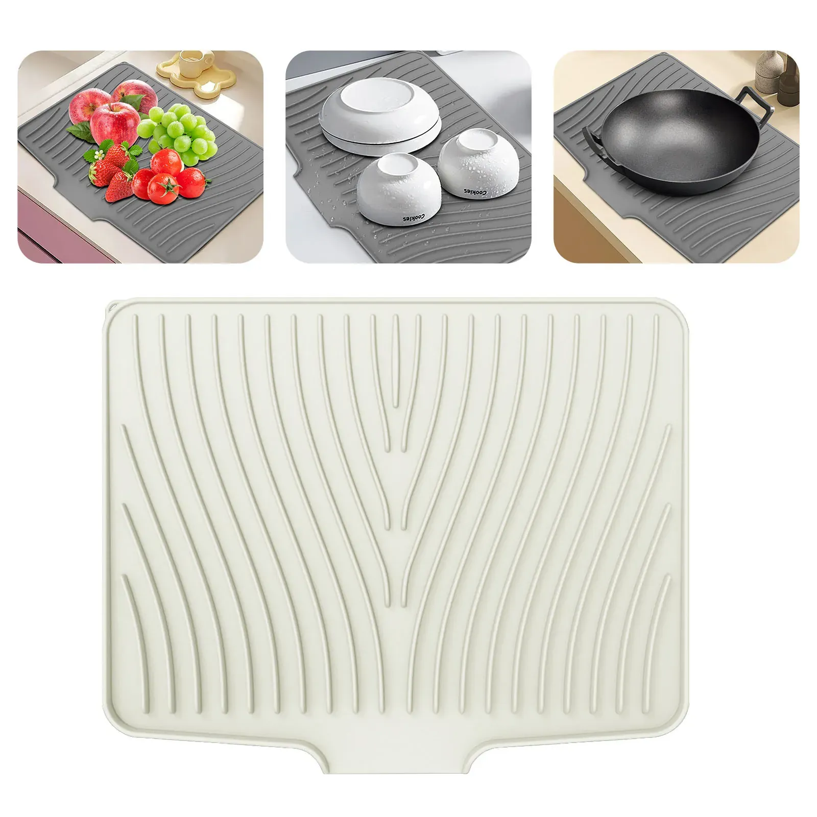 Extra-Large Silicone Dish Drying Mat with Drain Lip, White (3-Pack)